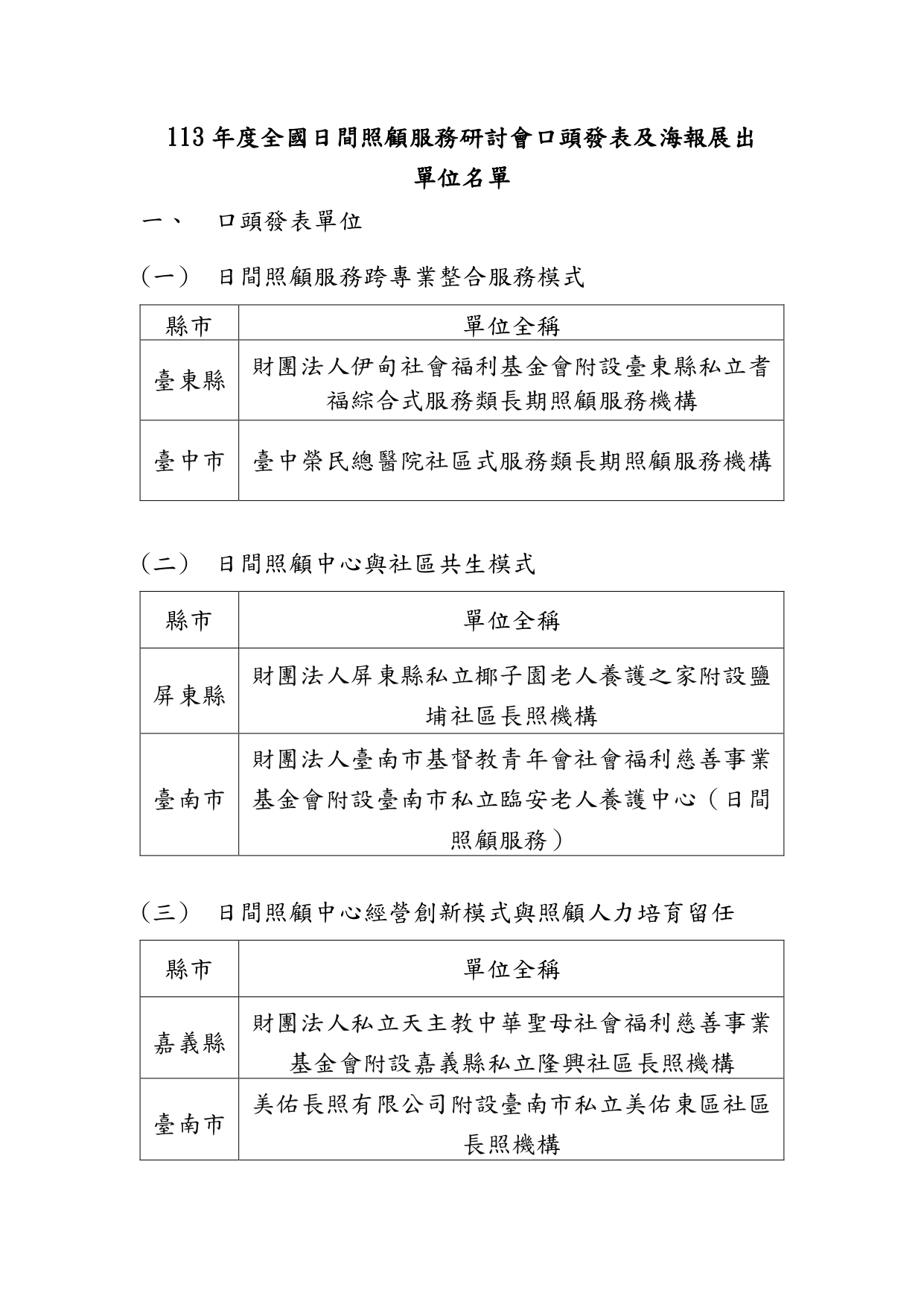 113年度全國日間照顧服務研討會口頭發表及海報展出單位名單(定版)-1130807_page-0001